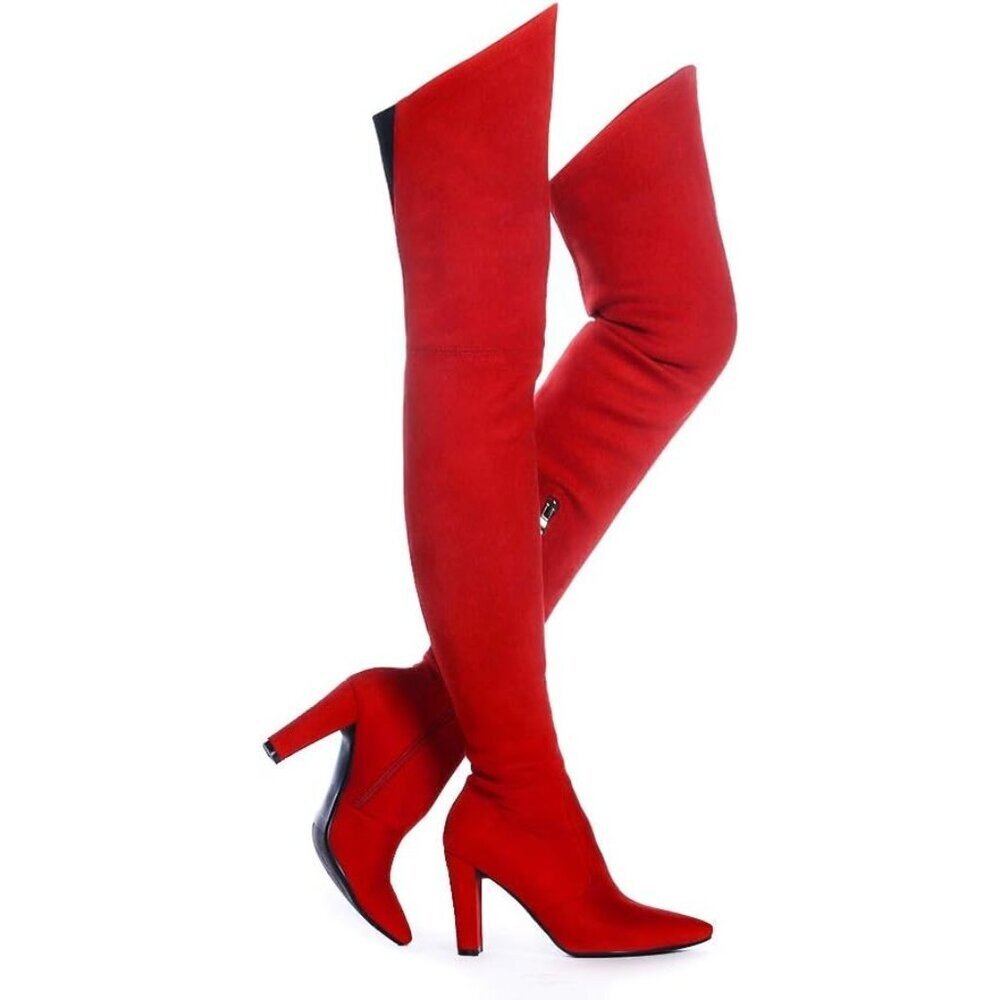 Women Red Suede Stretch Thigh High Over The Knee Chunky Heel Pointed Toe Boots